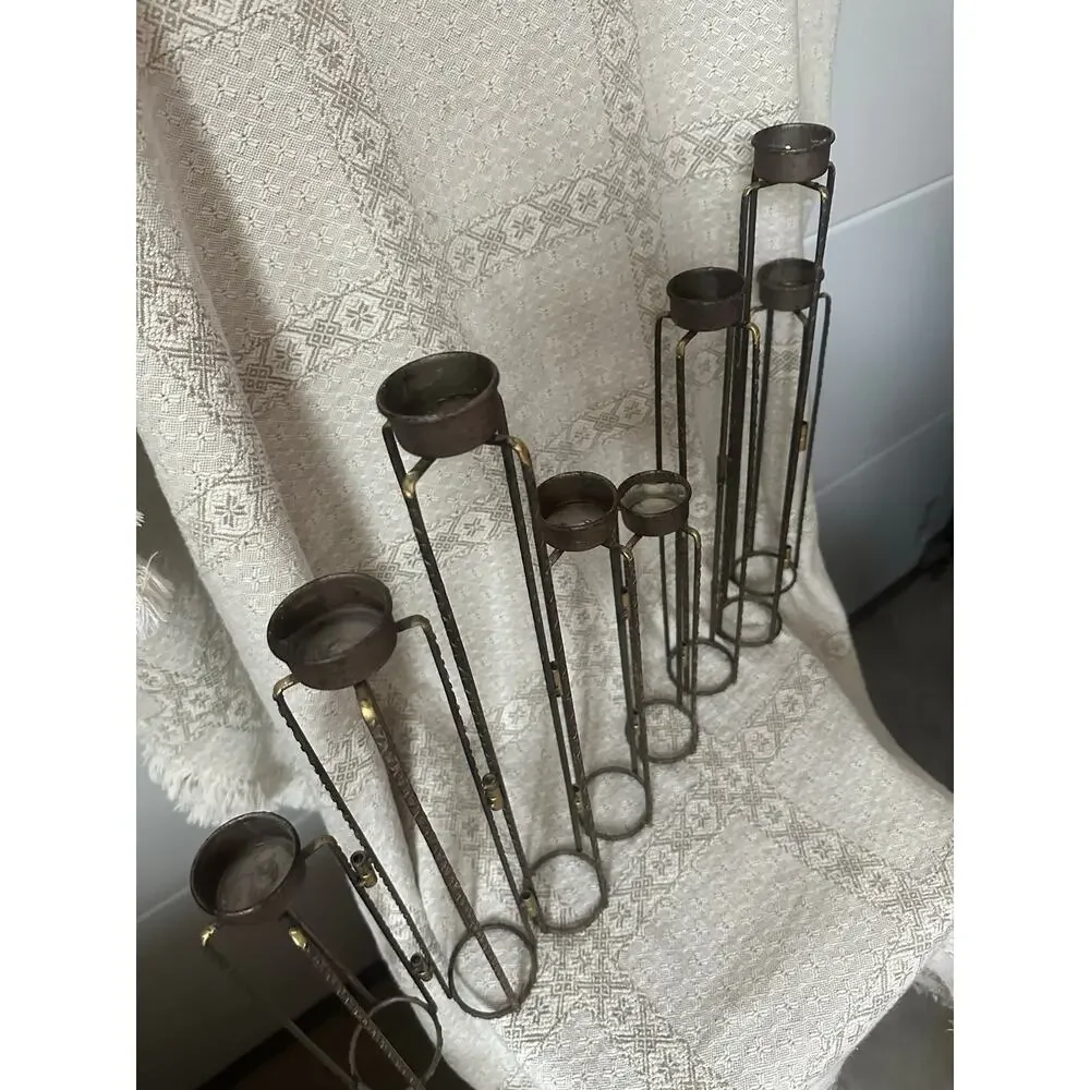 Vintage Brutalist Folding Wrought Iron Candelabra 8 Arm Tea Light Candle Holder
